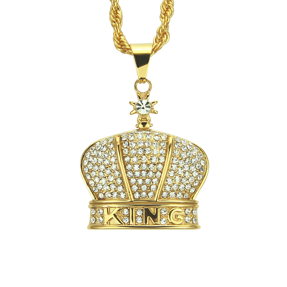 Men's Cuban Link Chain Crown Pendant Necklace