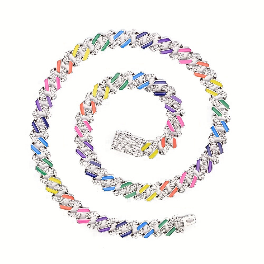 Hip-Hop Cuban Chain Rainbow Necklace Bracelet Set