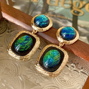 Geometric Circle Square Green Zircon Drop Earrings