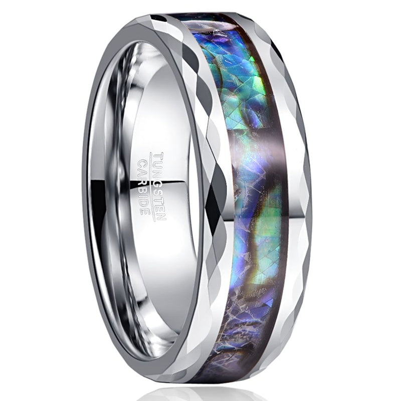 Men's 1pc 8MM Wide Silver Gray Faceted Edge Inlaid Abalone Pattern Men's Tungsten Ring