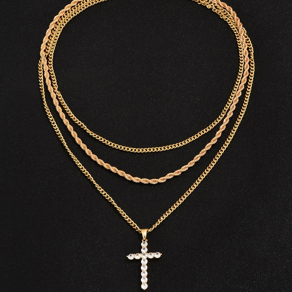 Punk Zircon Cross Multi-layer Pendant Necklace Set