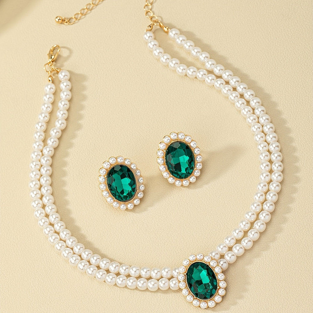 Vintage Emerald & Faux Pearl Earrings Necklace Set