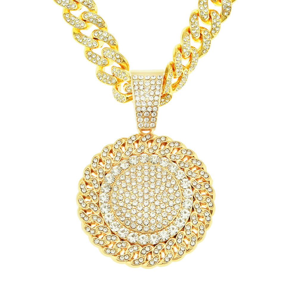 Cuban Link Chain Rotatable Disk Pendant Necklace