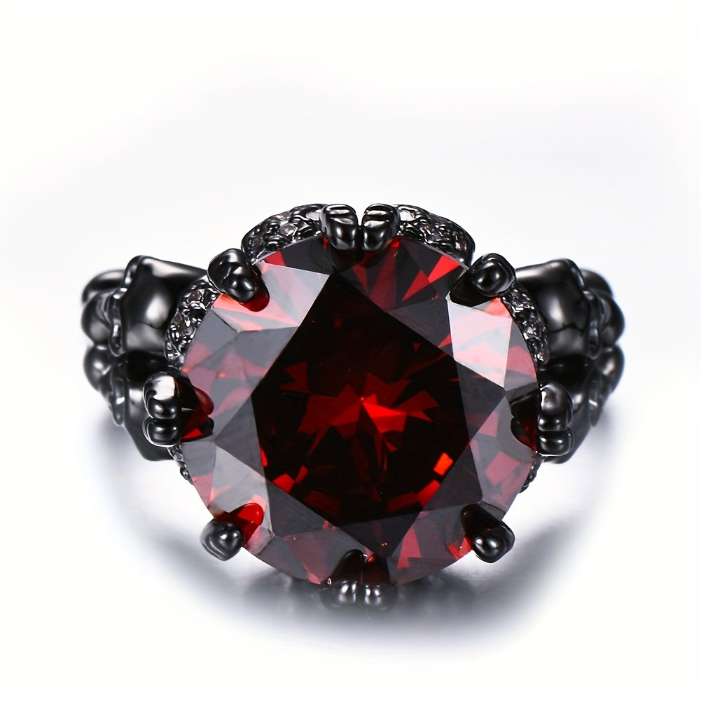 Gothic Inlaid Scarlet Zircon Skull Ring