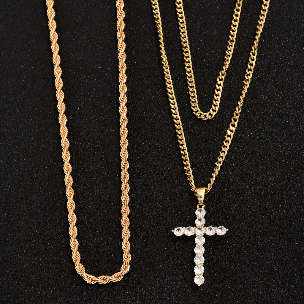 Punk Zircon Cross Multi-layer Pendant Necklace Set