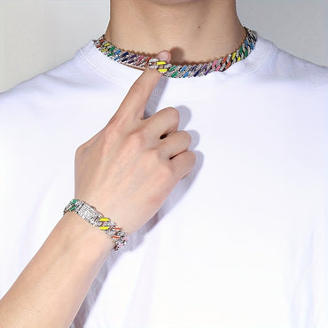 Colorful Cuban Link Chain Necklace and Bracelet Set