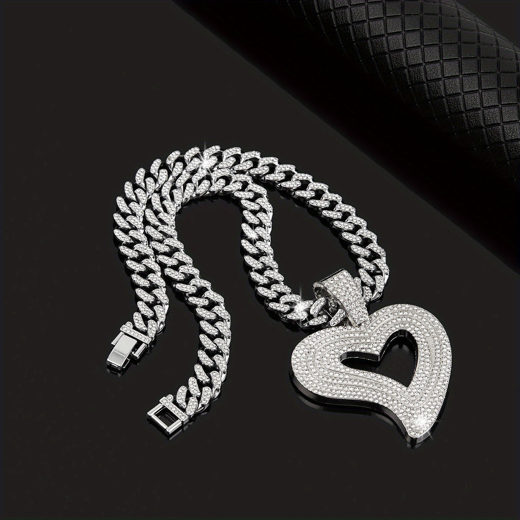 Hip Hop Love Heart Rhinestones Pendant Necklace