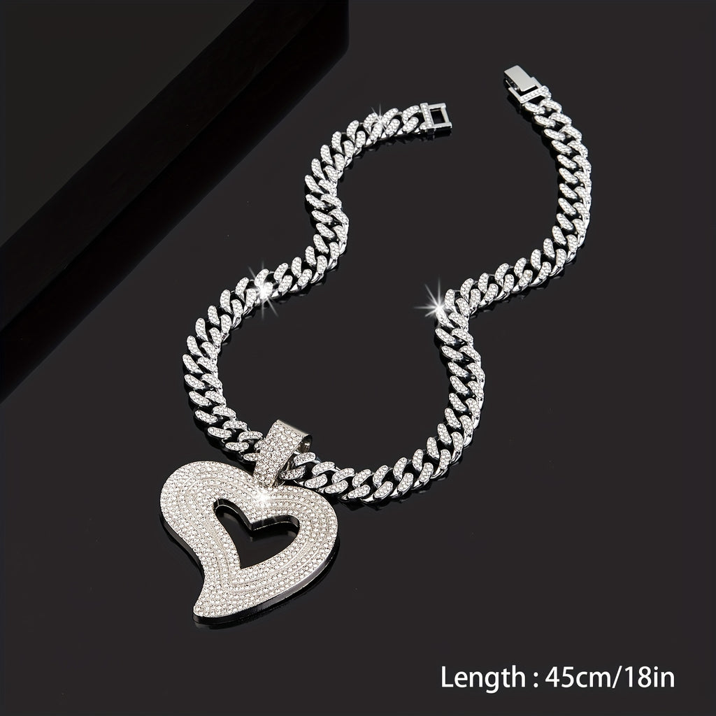 Hip Hop Love Heart Rhinestones Pendant Necklace