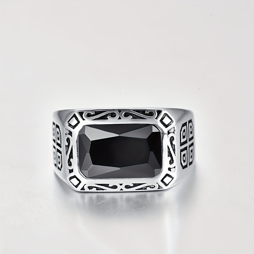 Men 925 Silver Ring Retro Pattern Artificial Gemstone Ring