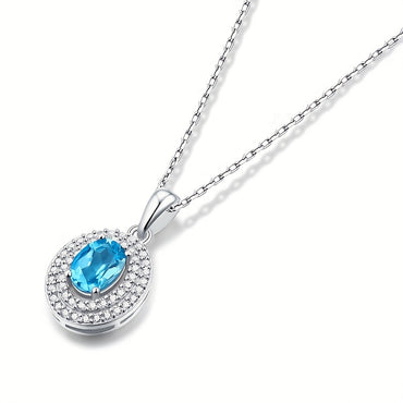 Women 925 Sterling Silver Blue Topaz Moissanite Pendant Necklace