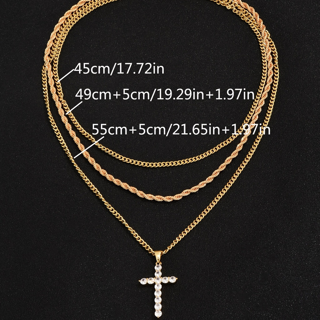 Punk Zircon Cross Multi-layer Pendant Necklace Set