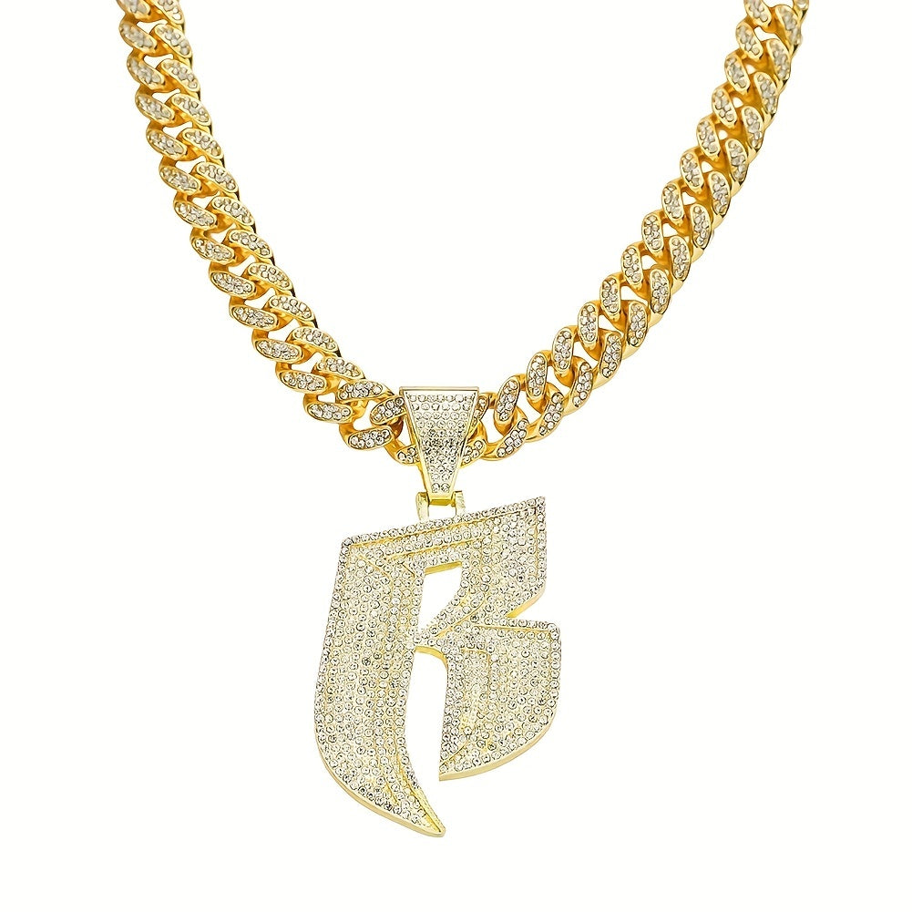 Name Initial "B" Rhinestone Studded Cuban Link Chain Necklace