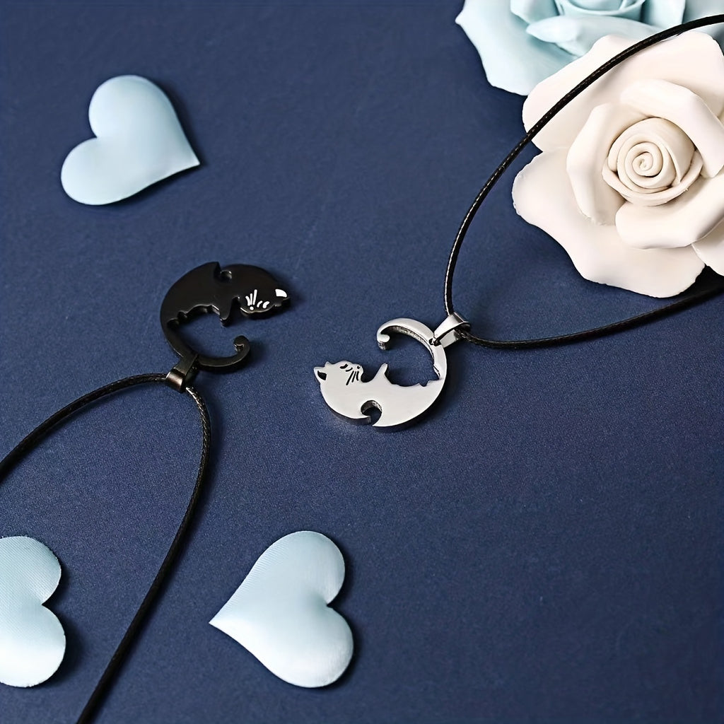 Titanium Steel Couple Cat Heart-shaped Necklace
