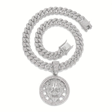 Rhinestone Lion Pendant With Tennis Chain Necklace