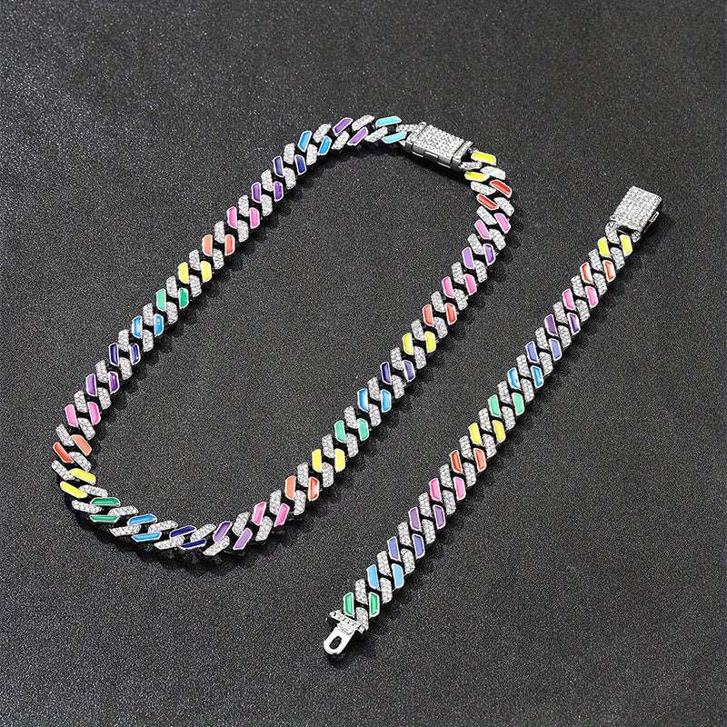 Colorful Cuban Link Chain Necklace and Bracelet Set