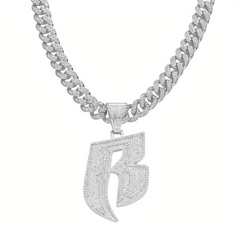 Name Initial "B" Rhinestone Studded Cuban Link Chain Necklace