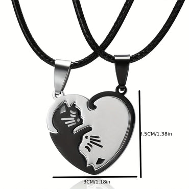 Titanium Steel Couple Cat Heart-shaped Necklace