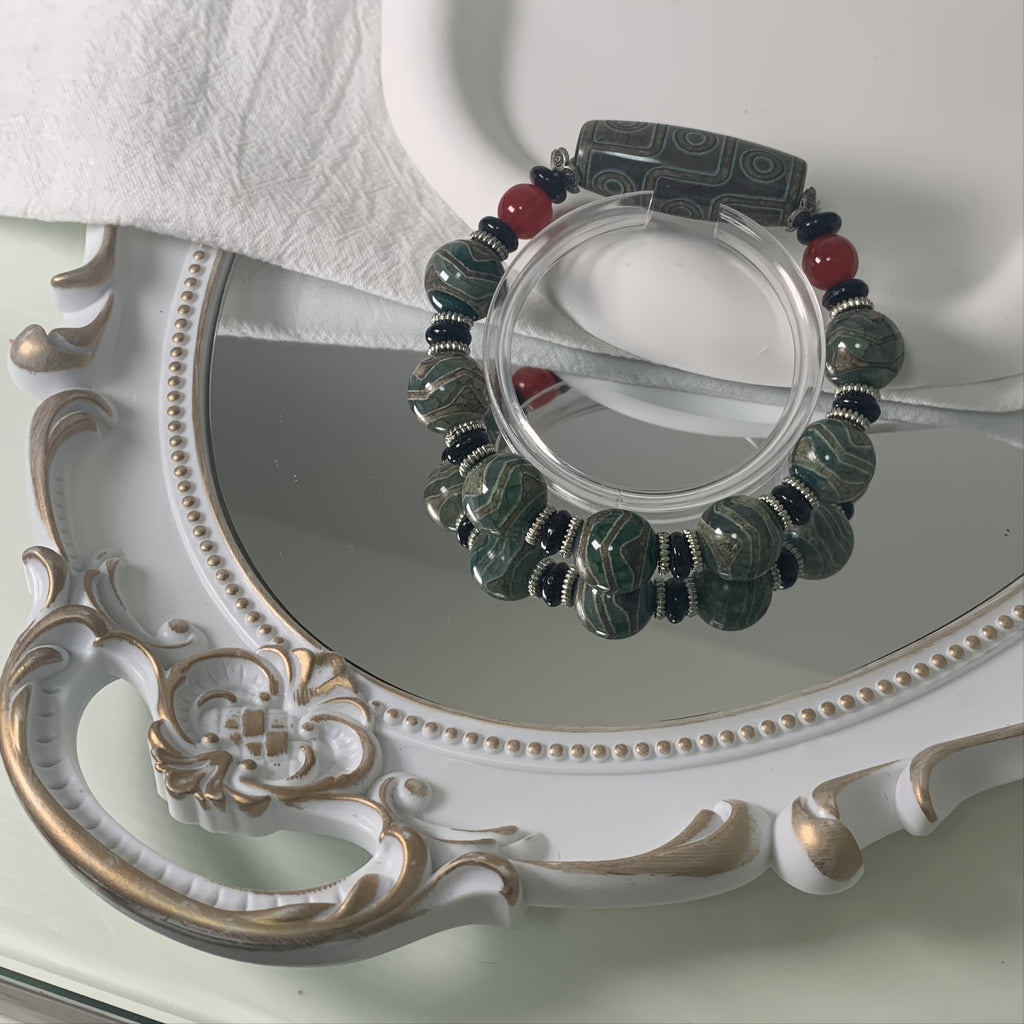 Men's 1pc Men&Women's Vintage Green Water Ripple Agate With Nine-eyed Beads Bracelet