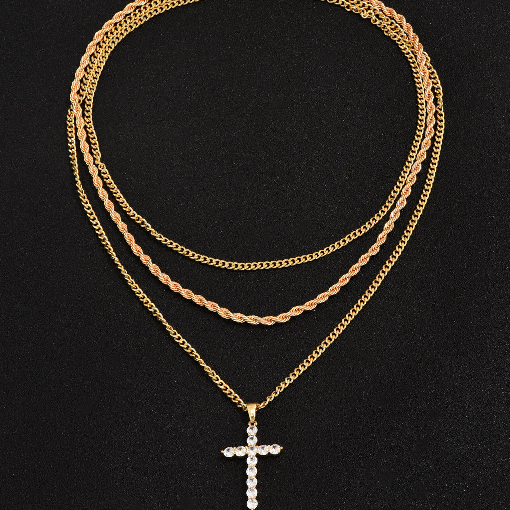 Punk Zircon Cross Multi-layer Pendant Necklace Set