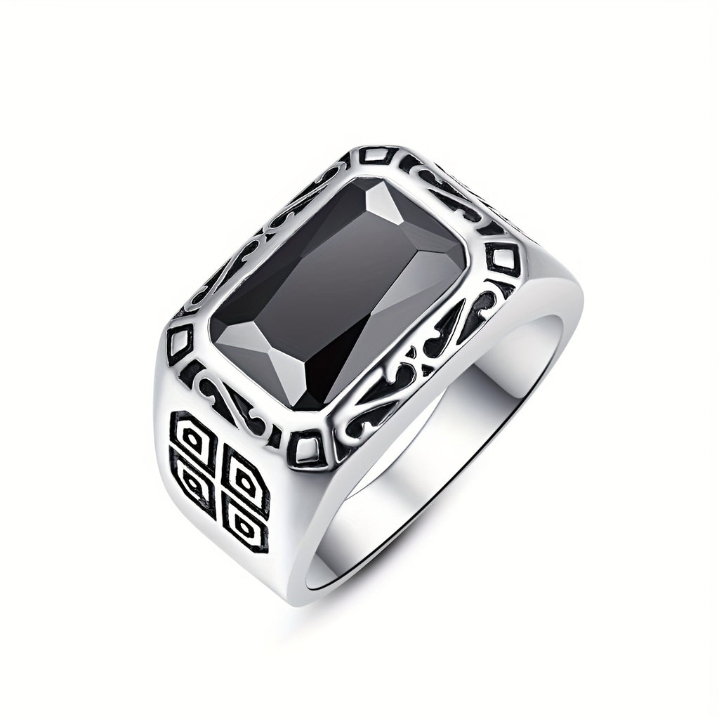 Men 925 Silver Ring Retro Pattern Artificial Gemstone Ring