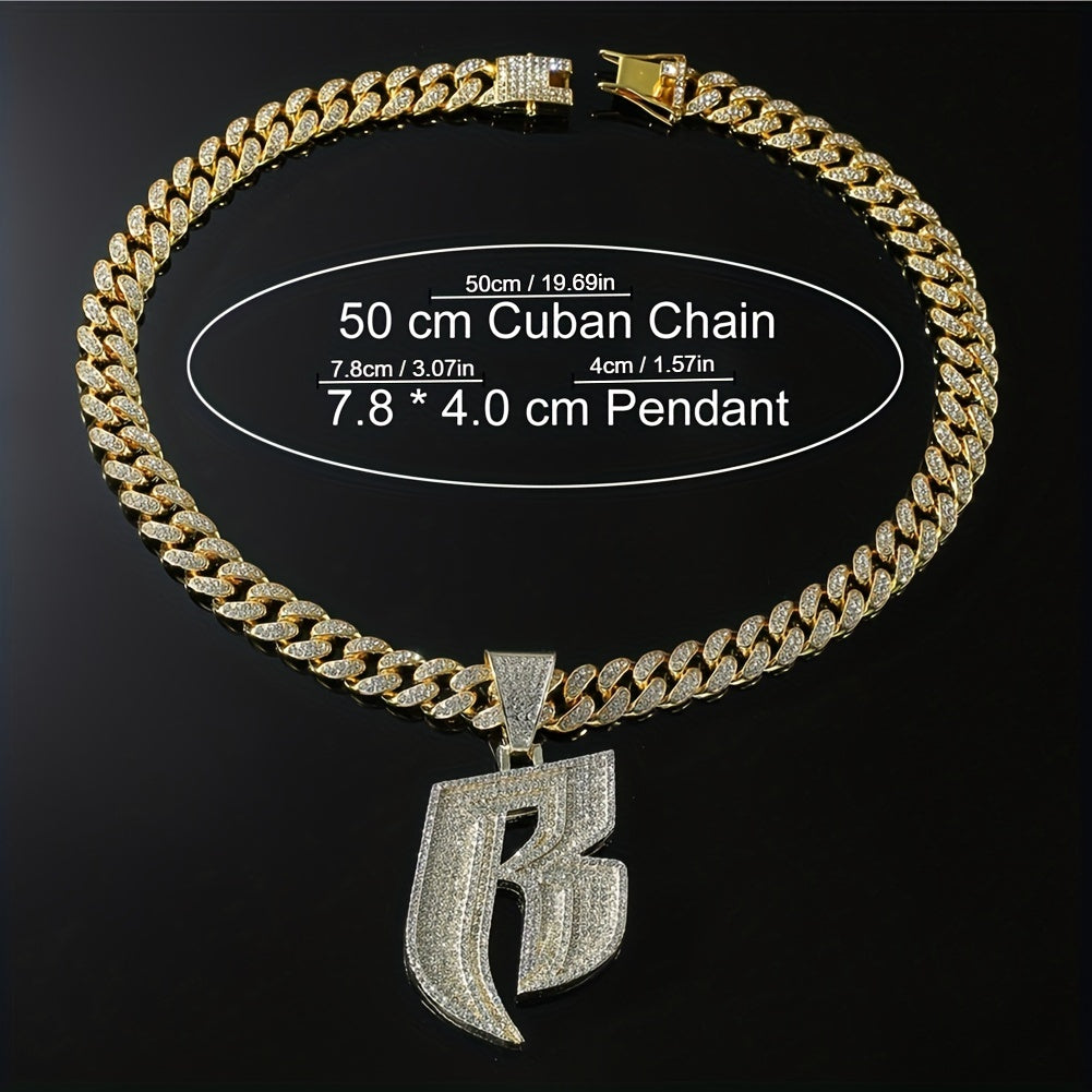Name Initial "B" Rhinestone Studded Cuban Link Chain Necklace