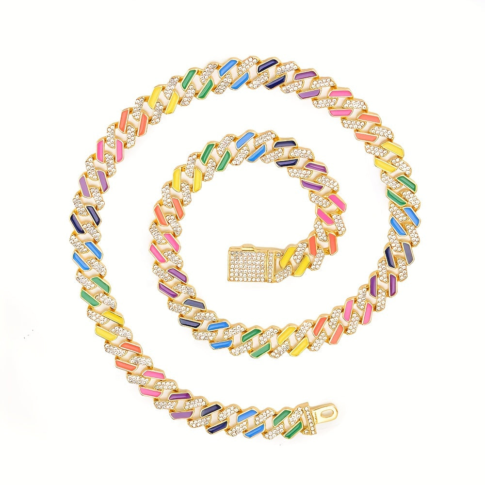 Hip-Hop Cuban Chain Rainbow Necklace Bracelet Set