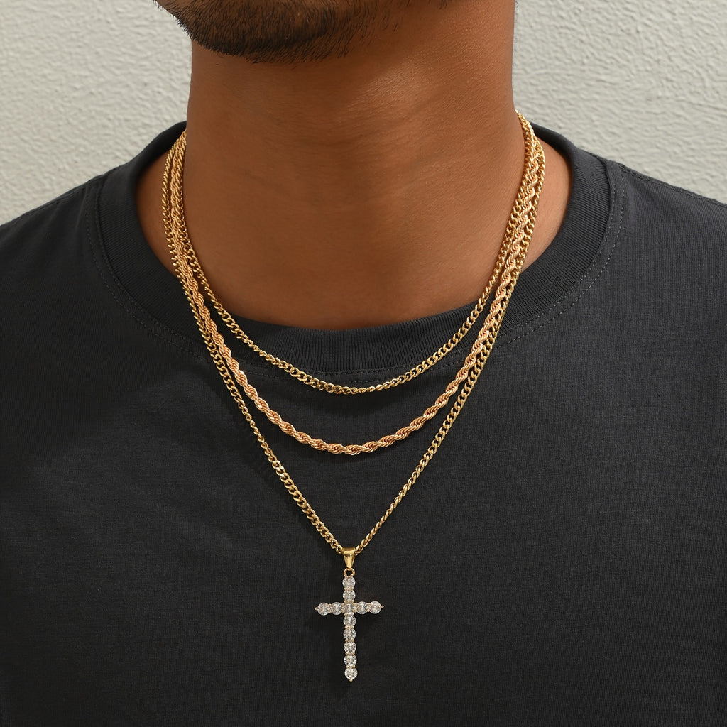 Punk Zircon Cross Multi-layer Pendant Necklace Set