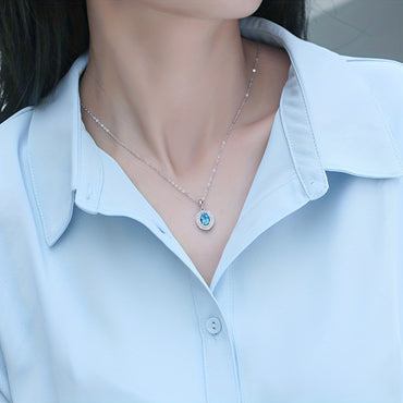 Women 925 Sterling Silver Blue Topaz Moissanite Pendant Necklace