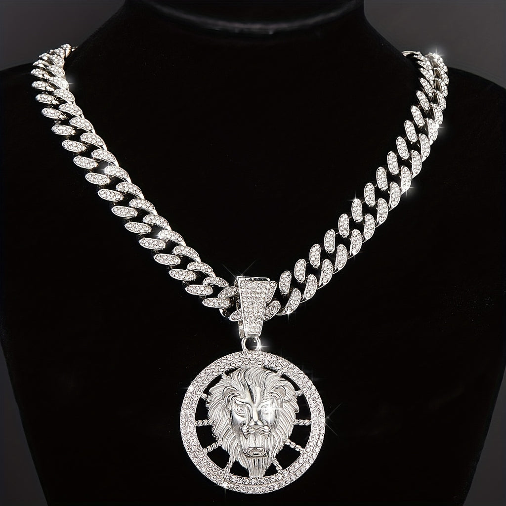 Rhinestone Lion Pendant With Tennis Chain Necklace