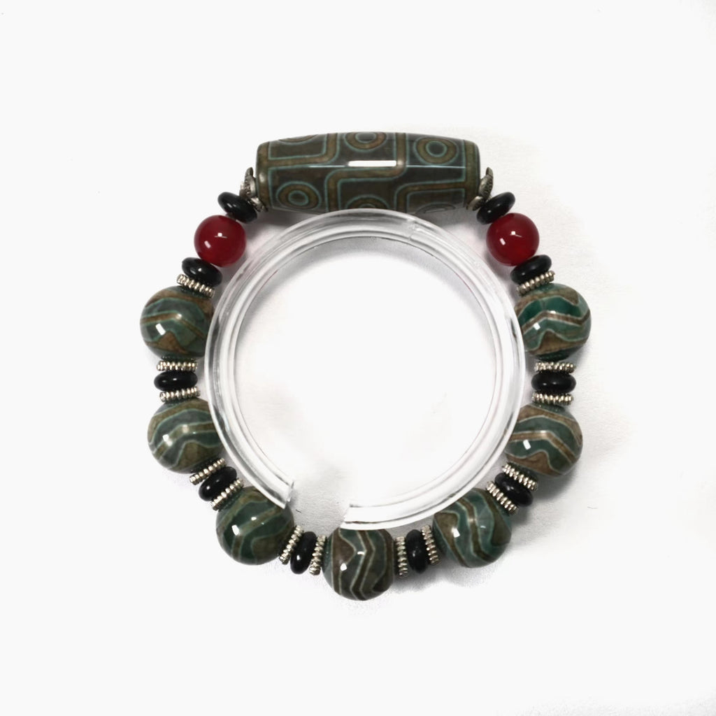 Men's 1pc Men&Women's Vintage Green Water Ripple Agate With Nine-eyed Beads Bracelet