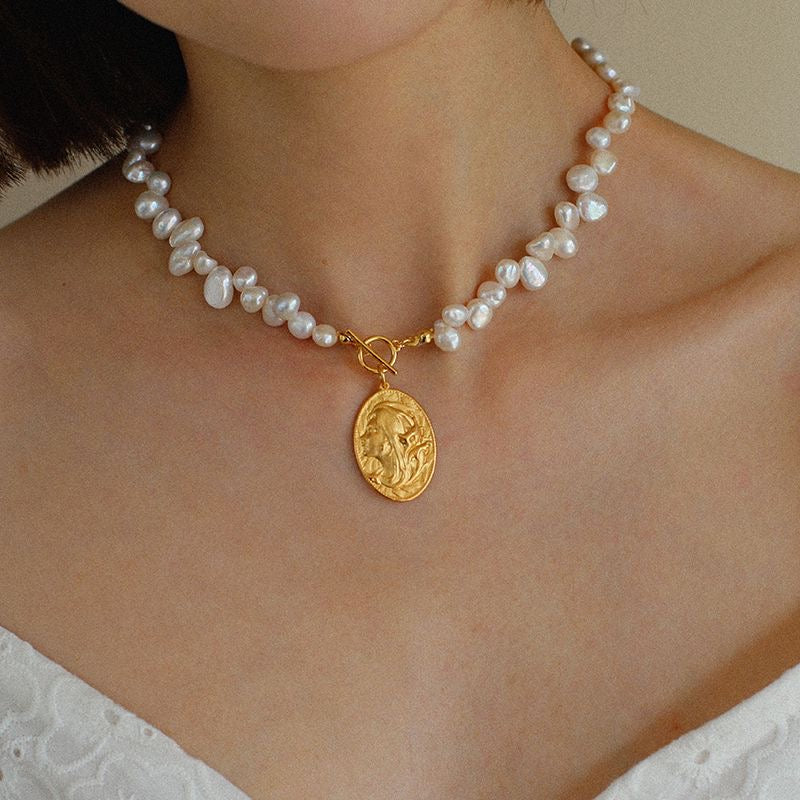 Baroque Freshwater Pearl Portrait Gold Coin Necklace