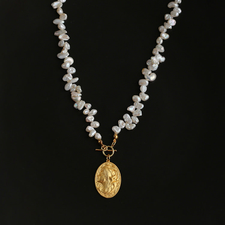 Baroque Freshwater Pearl Portrait Gold Coin Necklace