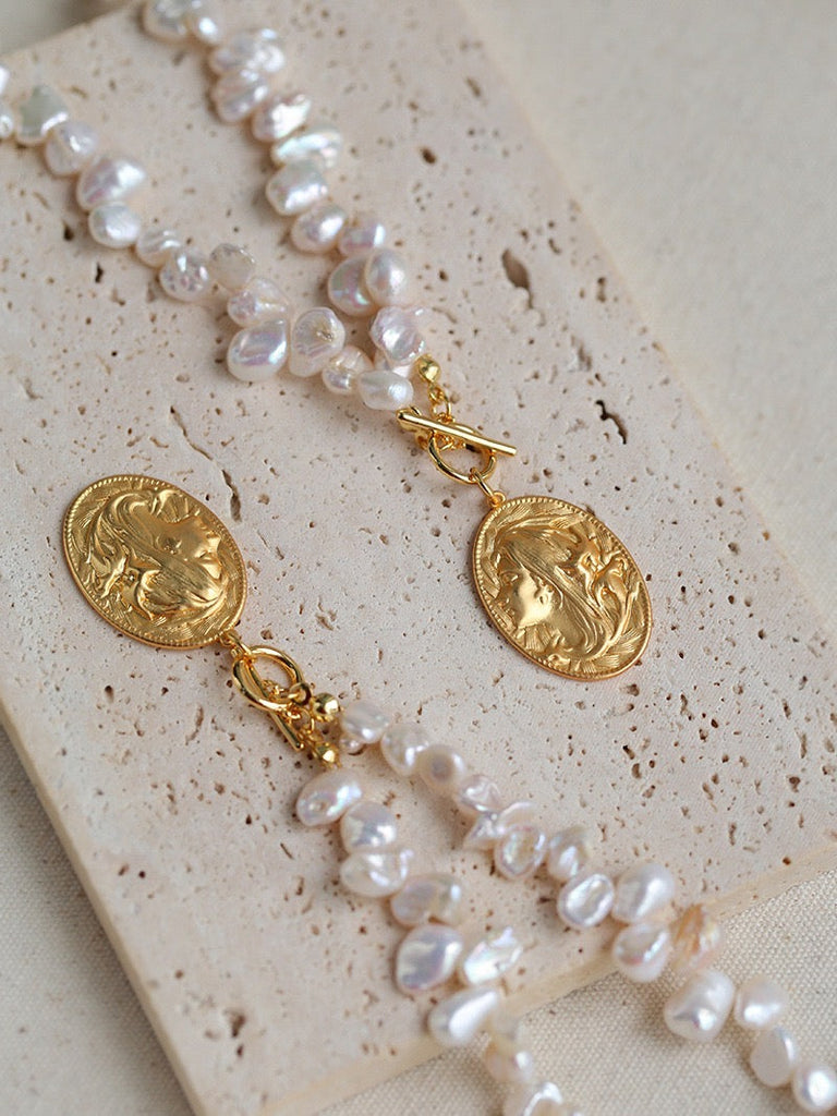 Baroque Freshwater Pearl Portrait Gold Coin Necklace