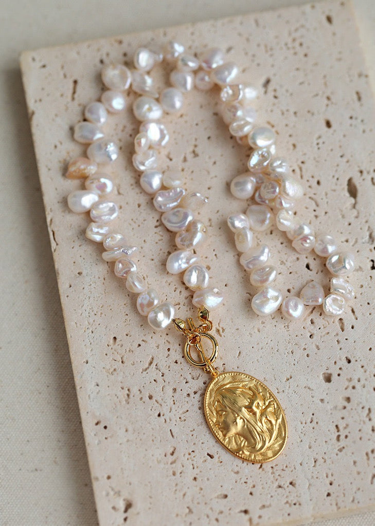 Baroque Freshwater Pearl Portrait Gold Coin Necklace