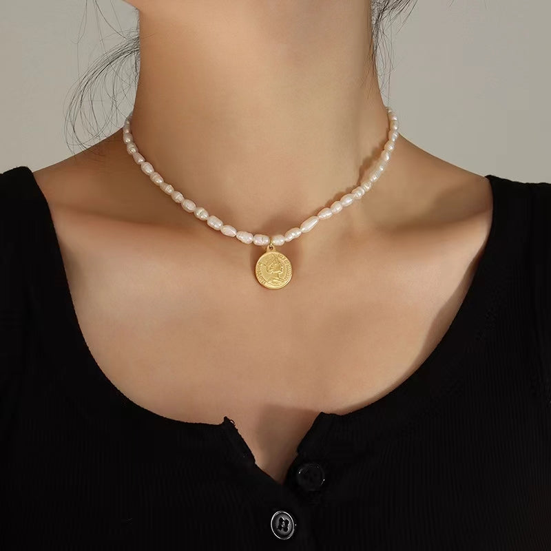 Portrait Gold Coin Freshwater Pearl Necklace