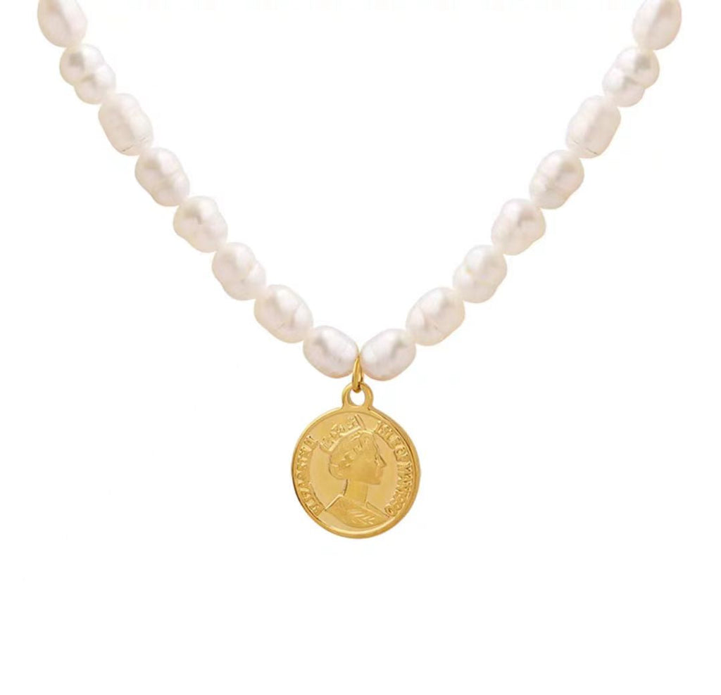 Portrait Gold Coin Freshwater Pearl Necklace