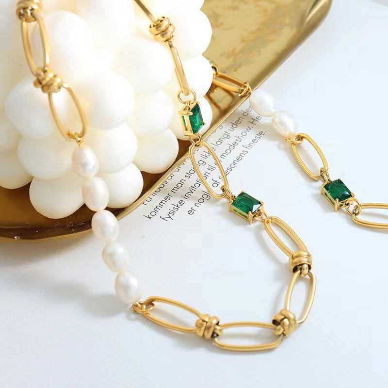 Green Zircon Pearl Stitching Chunky Necklace