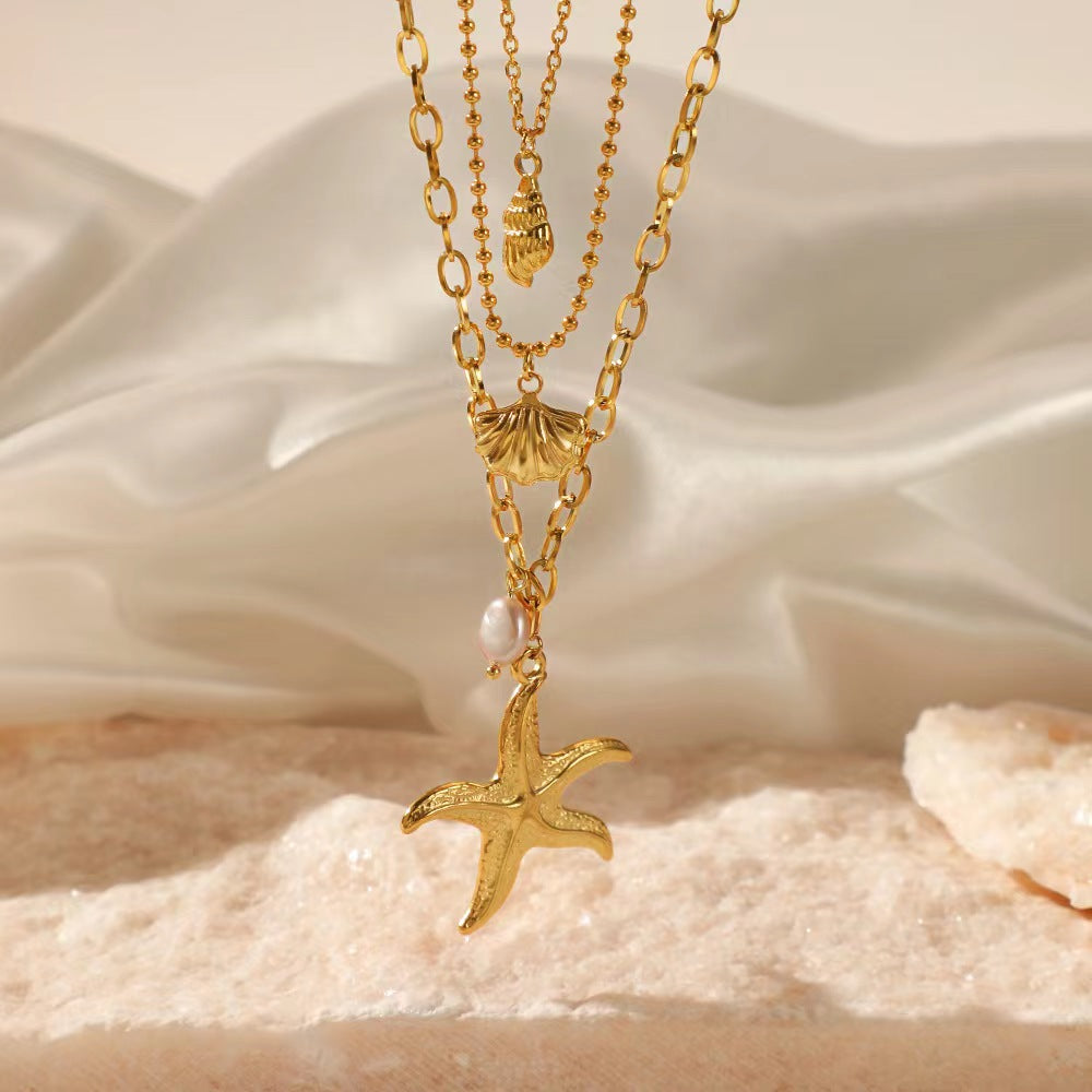 Triple-tier Pearl Starfish Shell Necklace