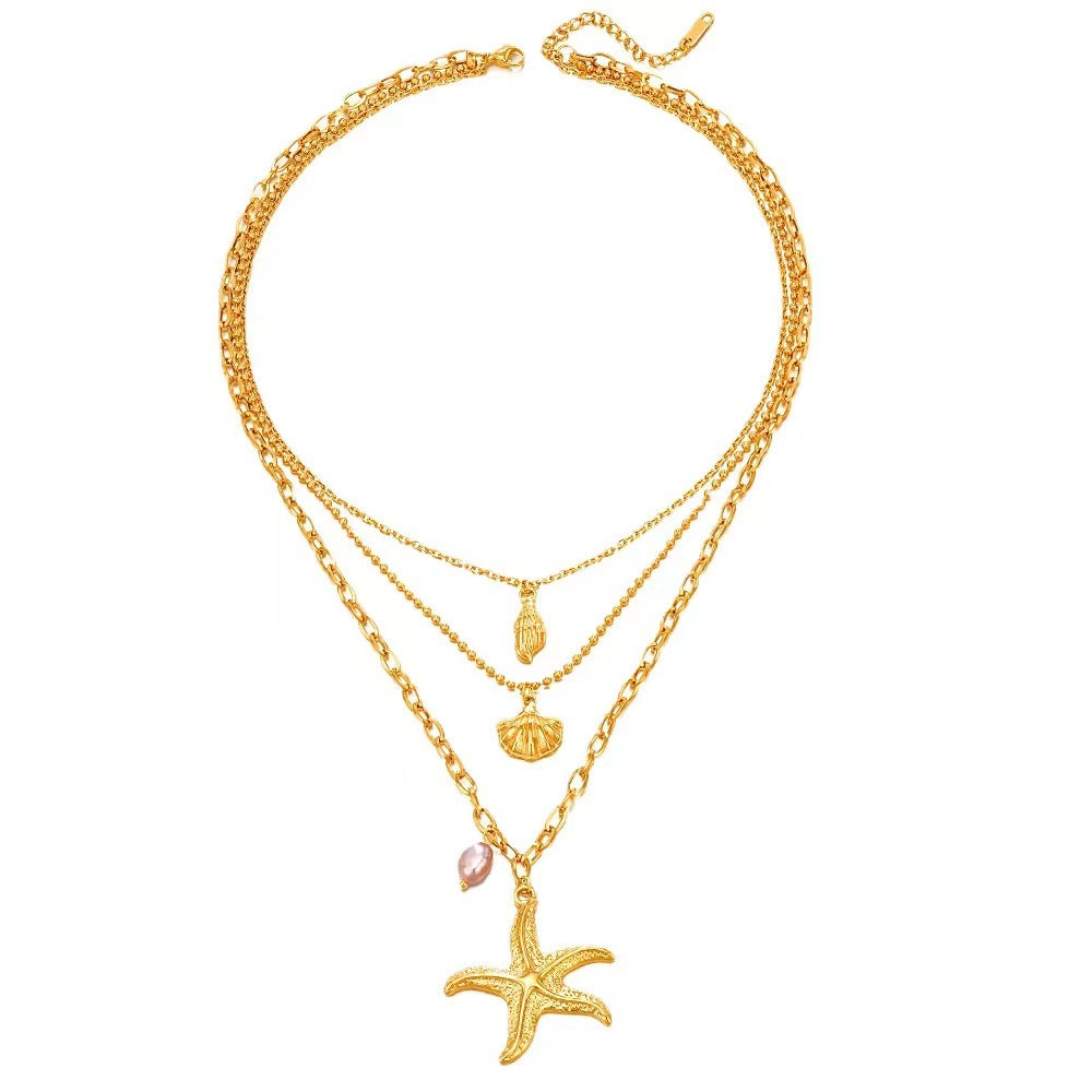 Triple-tier Pearl Starfish Shell Necklace