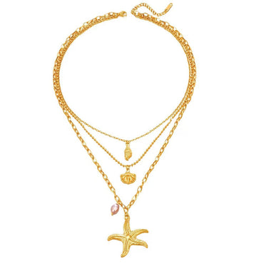 Triple-tier Pearl Starfish Shell Necklace