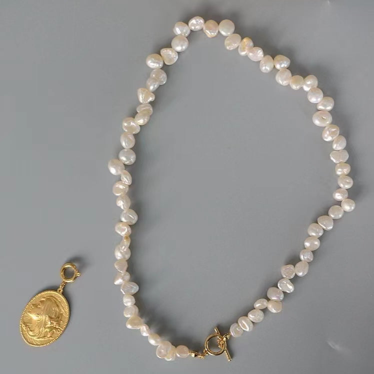 Baroque Freshwater Pearl Portrait Gold Coin Necklace